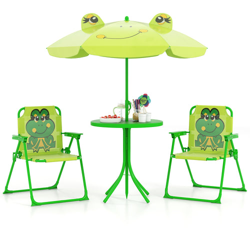 4 Pieces Kids Picnic Set with 2 Folding Chairs and Height Adjustable Umbrella, Light Green