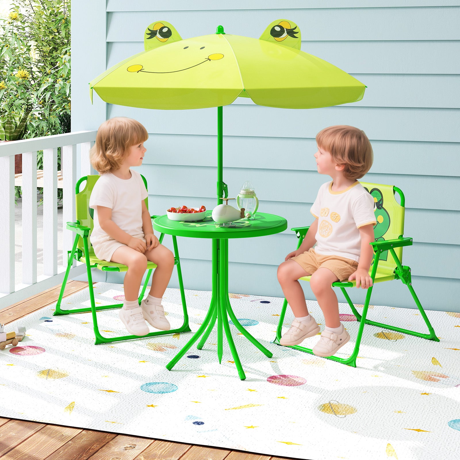 4 Pieces Kids Picnic Set with 2 Folding Chairs and Height Adjustable Umbrella, Light Green Kids Table & Chair Sets at Gallery Canada