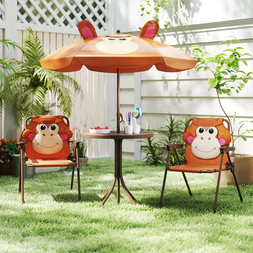 4 Pieces Kids Picnic Set with 2 Folding Chairs and Height Adjustable Umbrella, Brown
