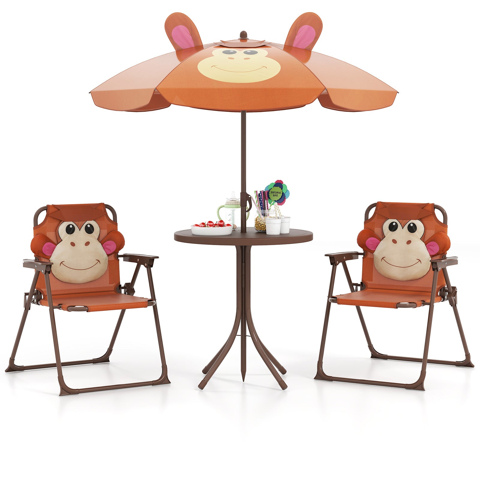 4 Pieces Kids Picnic Set with 2 Folding Chairs and Height Adjustable Umbrella, Brown Kids Table & Chair Sets Brown at Gallery Canada
