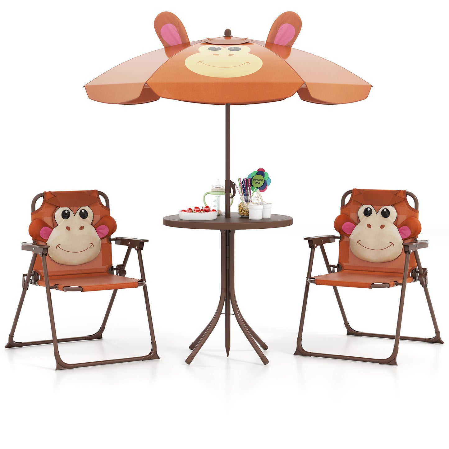 4 Pieces Kids Picnic Set with 2 Folding Chairs and Height Adjustable Umbrella, Brown Kids Table & Chair Sets at Gallery Canada