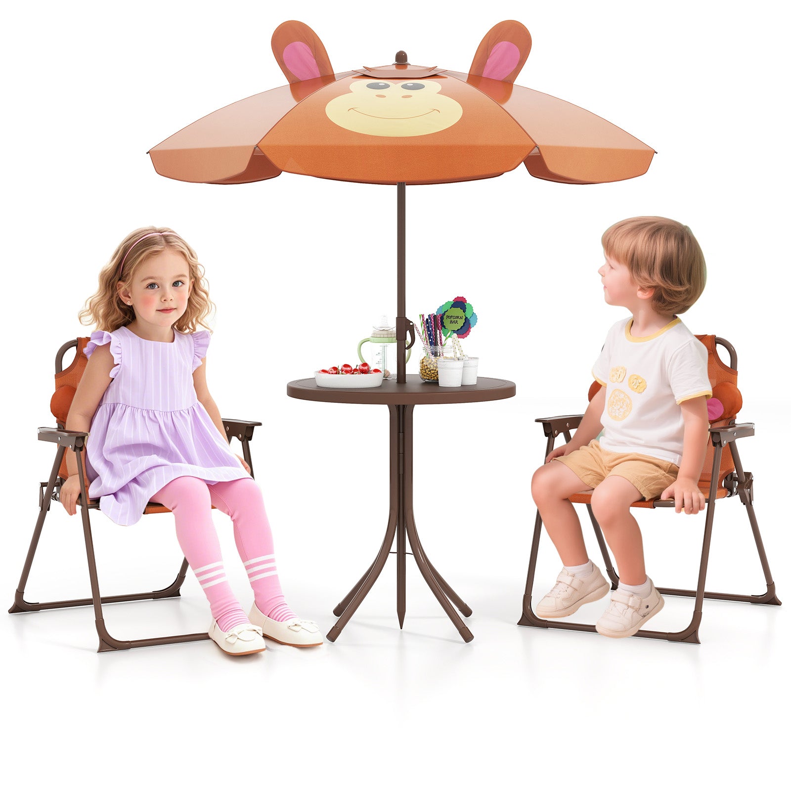 4 Pieces Kids Picnic Set with 2 Folding Chairs and Height Adjustable Umbrella, Brown Kids Table & Chair Sets at Gallery Canada