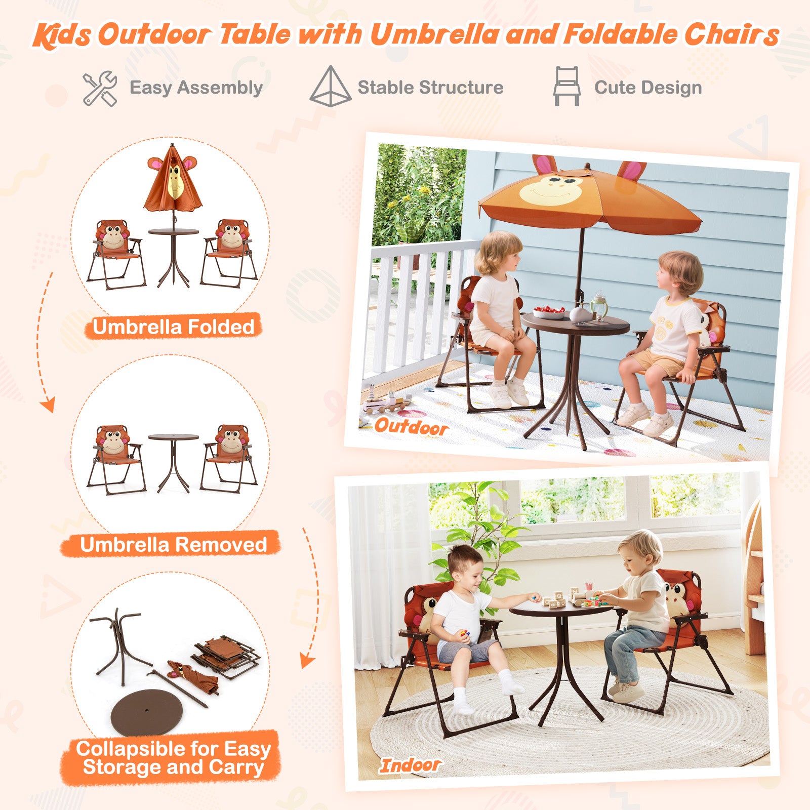 4 Pieces Kids Picnic Set with 2 Folding Chairs and Height Adjustable Umbrella, Brown Kids Table & Chair Sets at Gallery Canada