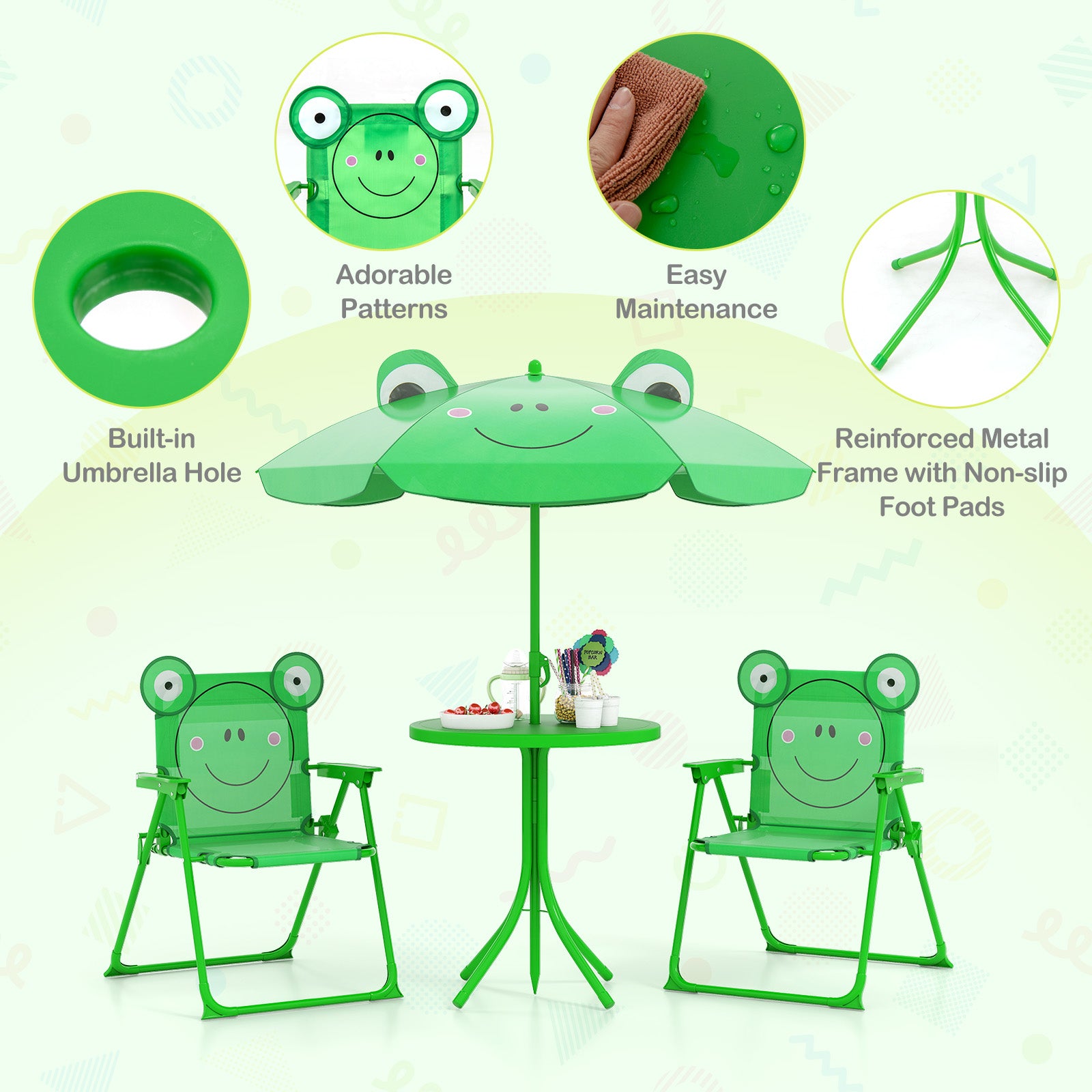 4 Pieces Kids Picnic Set with 2 Folding Chairs and Height Adjustable Umbrella, Green Kids Table & Chair Sets at Gallery Canada