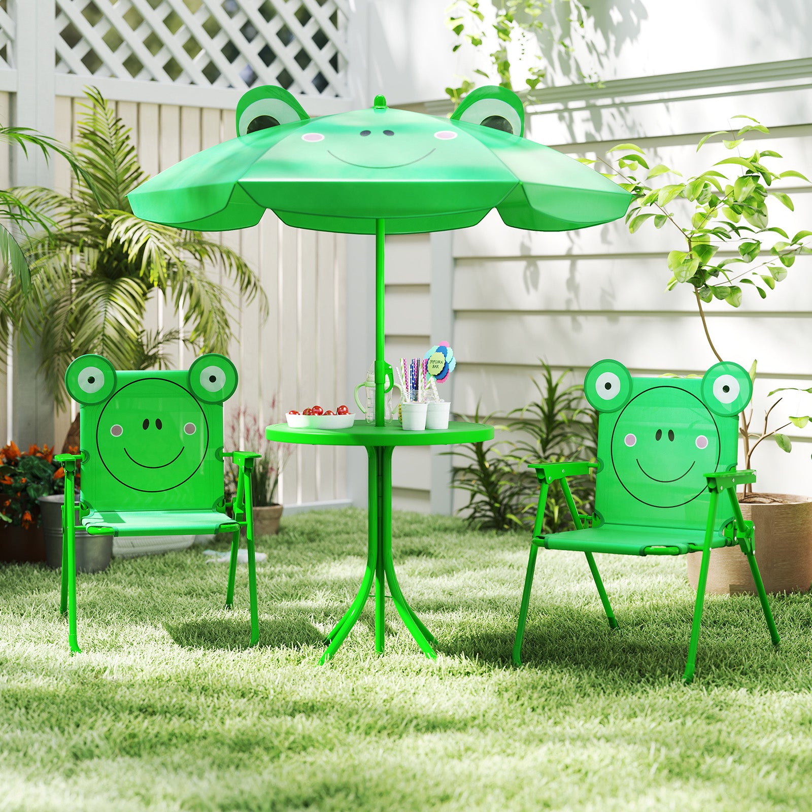 4 Pieces Kids Picnic Set with 2 Folding Chairs and Height Adjustable Umbrella, Green Kids Table & Chair Sets at Gallery Canada