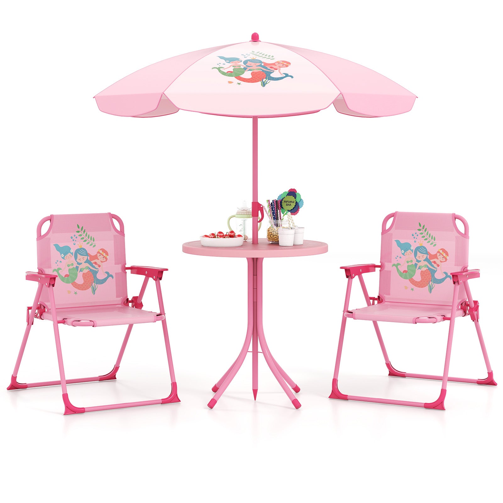 4 Pieces Kids Picnic Set with 2 Folding Chairs and Height Adjustable Umbrella, Pink Kids Table & Chair Sets Pink at Gallery Canada