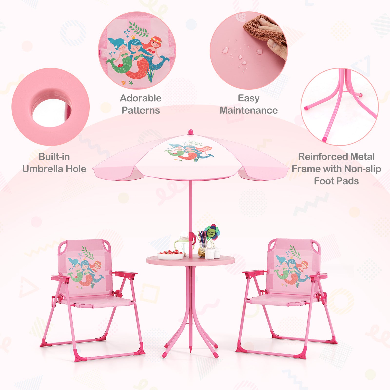 4 Pieces Kids Picnic Set with 2 Folding Chairs and Height Adjustable Umbrella, Pink Kids Table & Chair Sets at Gallery Canada