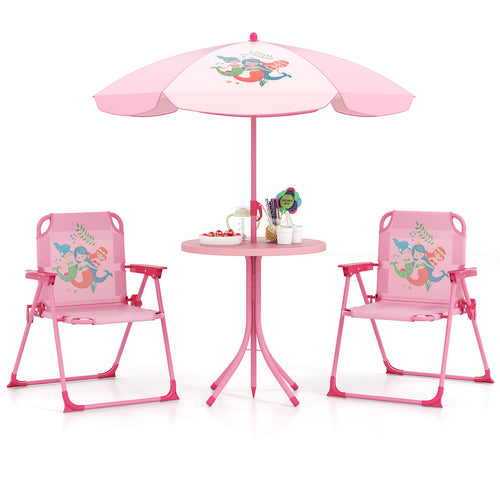 4 Pieces Kids Picnic Set with 2 Folding Chairs and Height Adjustable Umbrella, Pink