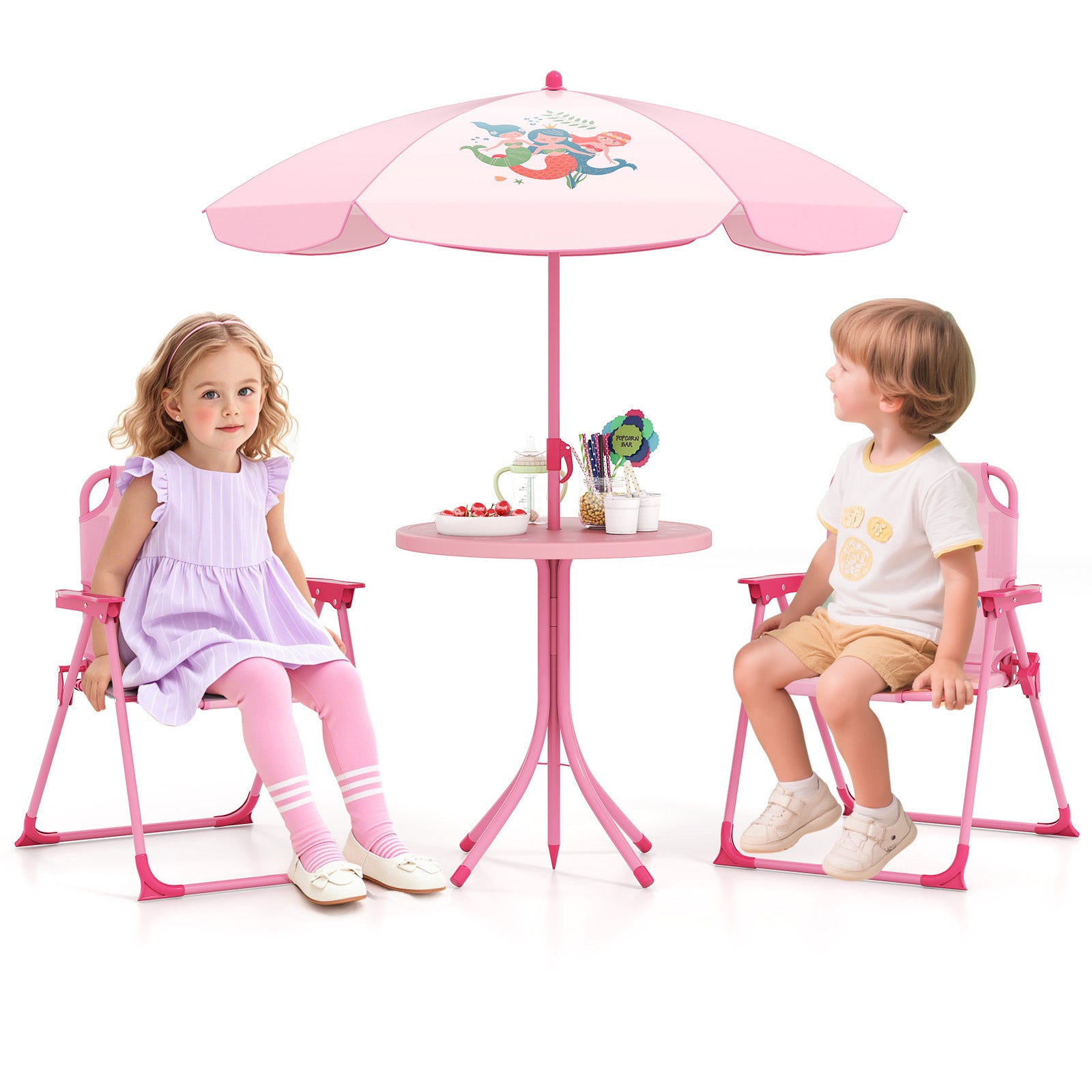 4 Pieces Kids Picnic Set with 2 Folding Chairs and Height Adjustable Umbrella, Pink Kids Table & Chair Sets at Gallery Canada