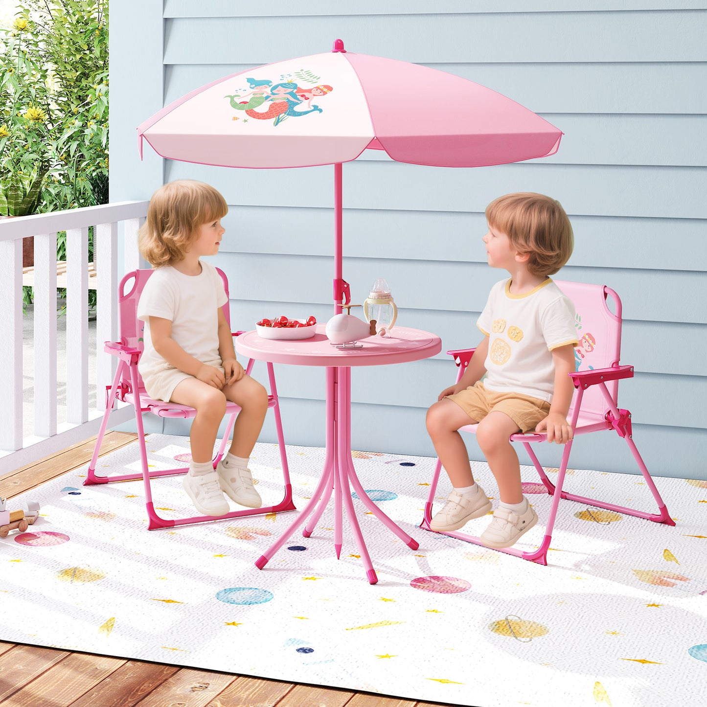4 Pieces Kids Picnic Set with 2 Folding Chairs and Height Adjustable Umbrella, Pink Kids Table & Chair Sets at Gallery Canada