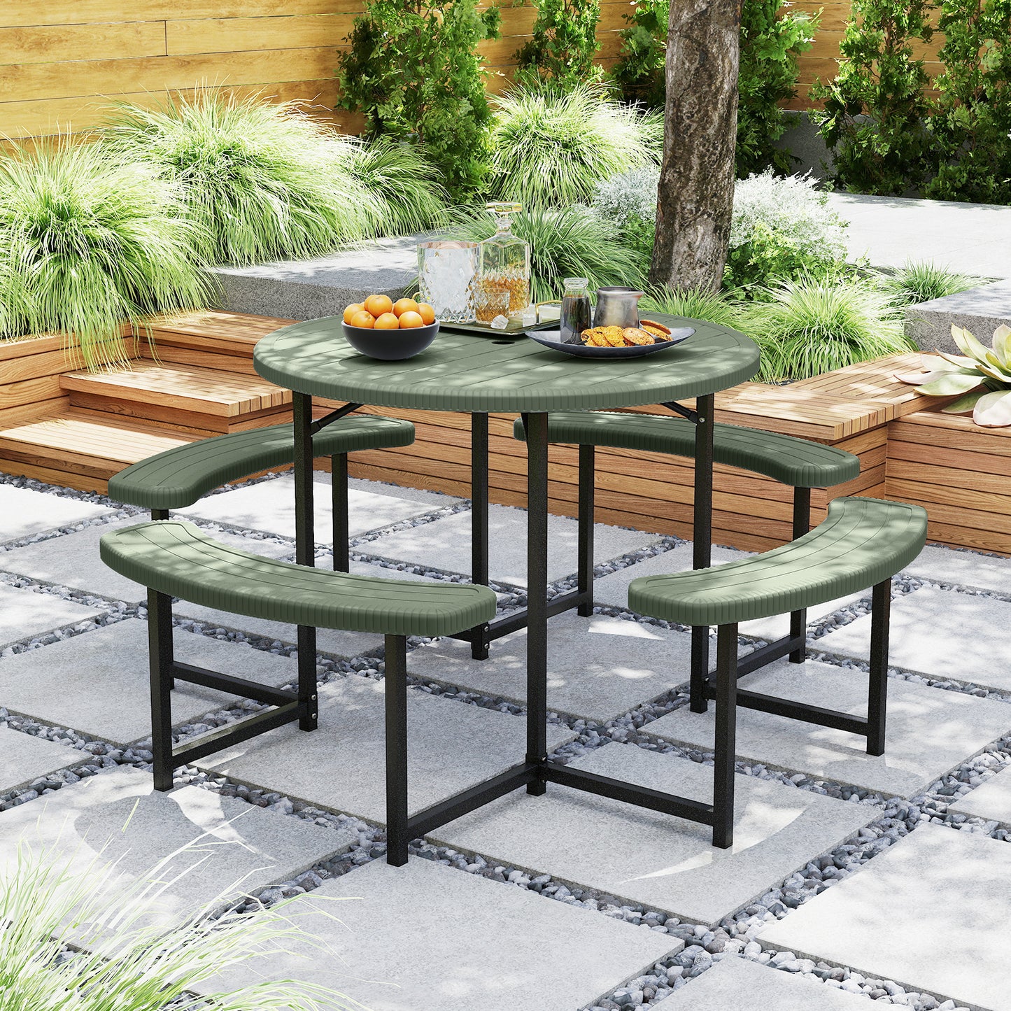 Round Picnic Table Bench Set with 4 Benches and Umbrella Hole for Patio Lawn, Green Picnic Tables at Gallery Canada