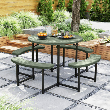 Round Picnic Table Bench Set with 4 Benches and Umbrella Hole for Patio Lawn, Green Picnic Tables at Gallery Canada