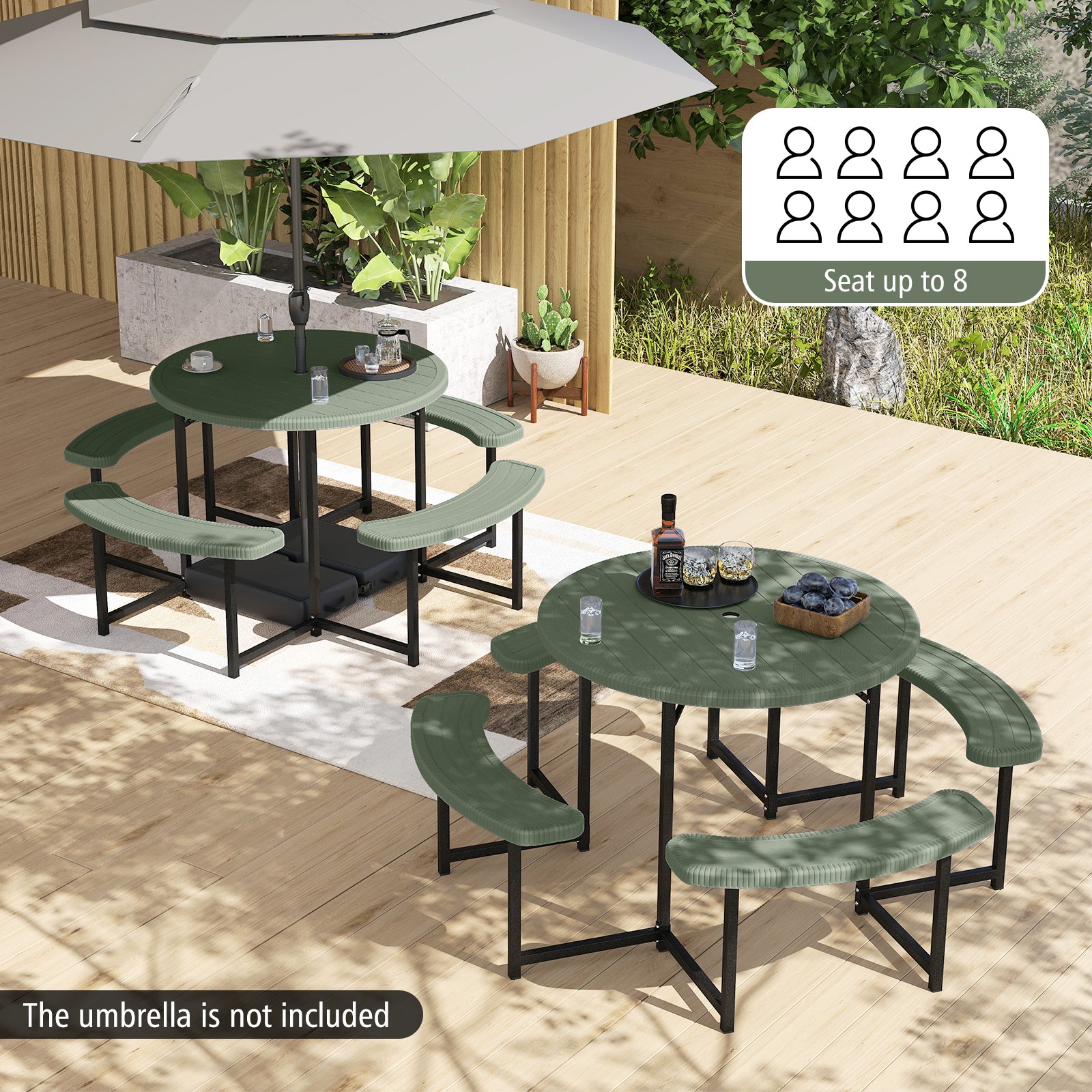 Round Picnic Table Bench Set with 4 Benches and Umbrella Hole for Patio Lawn, Green Picnic Tables at Gallery Canada