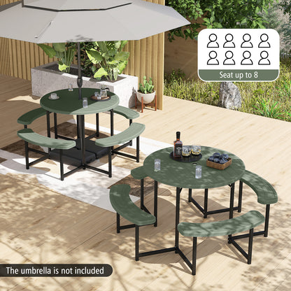 Round Picnic Table Bench Set with 4 Benches and Umbrella Hole for Patio Lawn, Green Picnic Tables at Gallery Canada