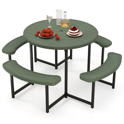 Round Picnic Table Bench Set, 4 Benches, Umbrella Hole, Green