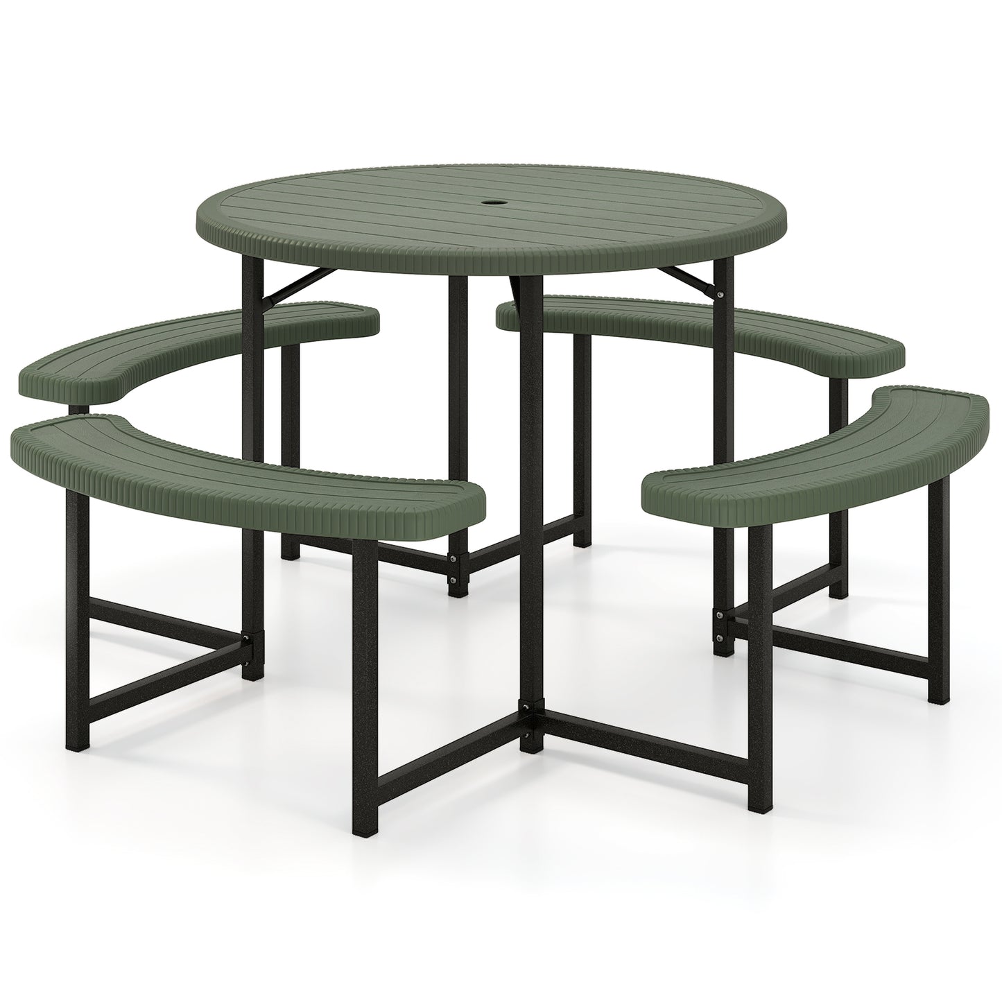 Round Picnic Table Bench Set with 4 Benches and Umbrella Hole for Patio Lawn, Green Picnic Tables at Gallery Canada