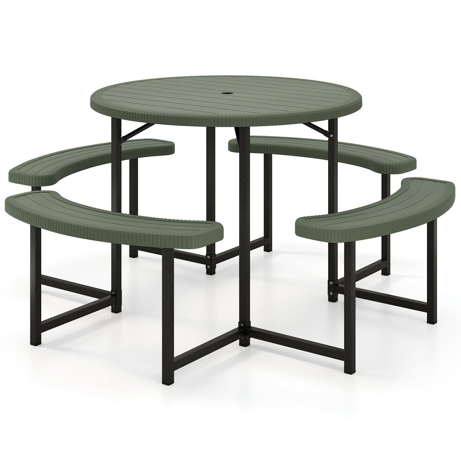Round Picnic Table Bench Set with 4 Benches and Umbrella Hole for Patio Lawn, Green Picnic Tables at Gallery Canada