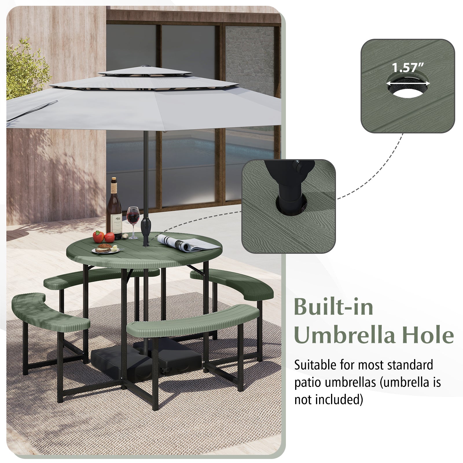 Round Picnic Table Bench Set with 4 Benches and Umbrella Hole for Patio Lawn, Green Picnic Tables at Gallery Canada