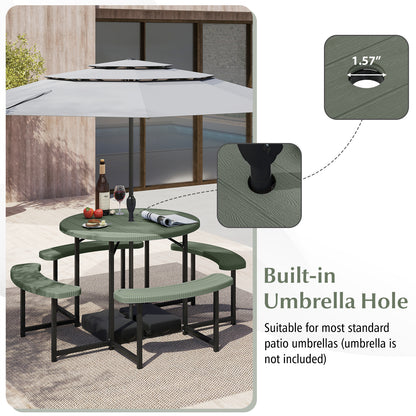 Round Picnic Table Bench Set with 4 Benches and Umbrella Hole for Patio Lawn, Green Picnic Tables at Gallery Canada