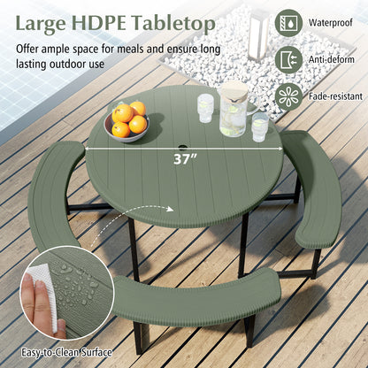 Round Picnic Table Bench Set with 4 Benches and Umbrella Hole for Patio Lawn, Green Picnic Tables at Gallery Canada