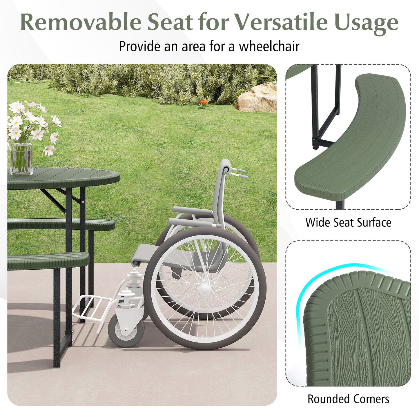 Round Picnic Table Bench Set with 4 Benches and Umbrella Hole for Patio Lawn, Green Picnic Tables at Gallery Canada