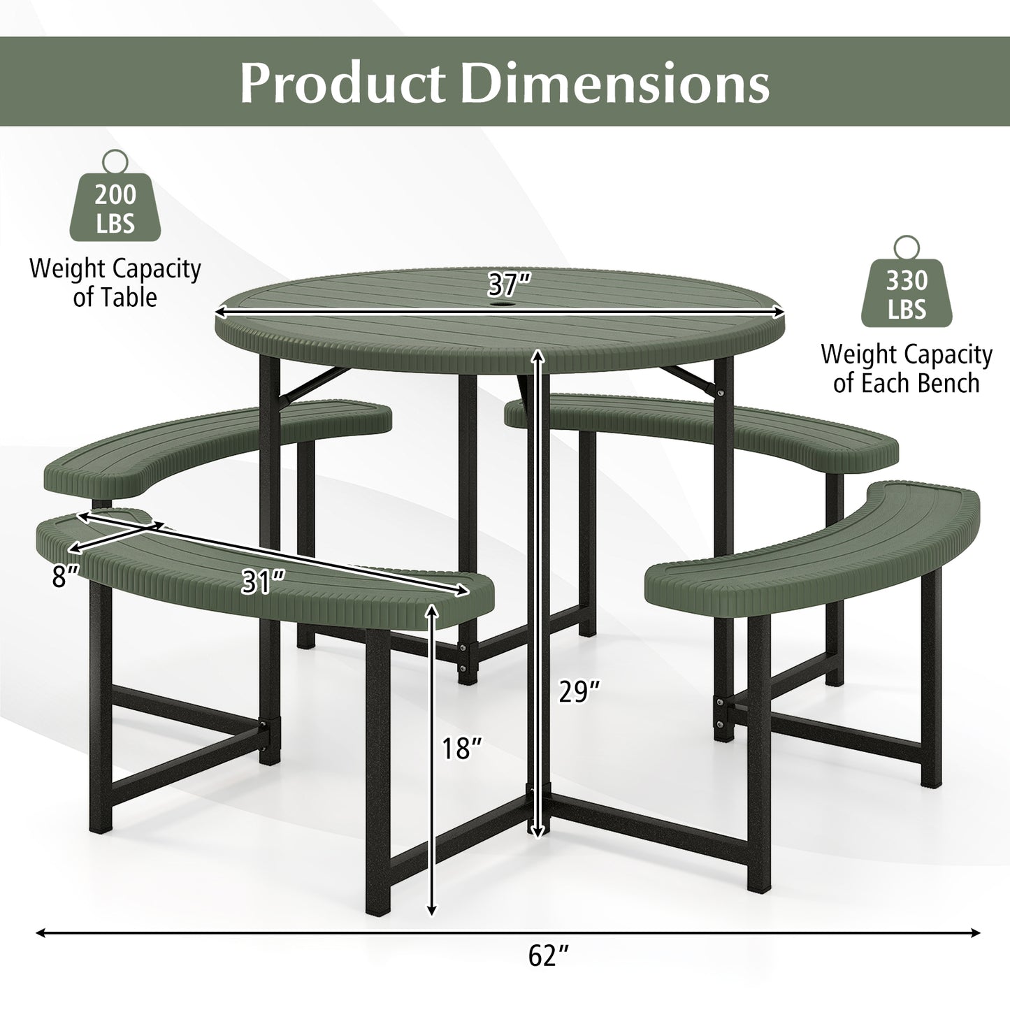 Round Picnic Table Bench Set with 4 Benches and Umbrella Hole for Patio Lawn, Green Picnic Tables at Gallery Canada