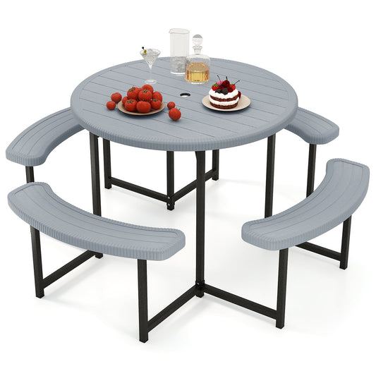 Ensemble de Table de Pique-nique Ronde avec Bancs, 4 Bancs, Trou pour Parapluie, Gris