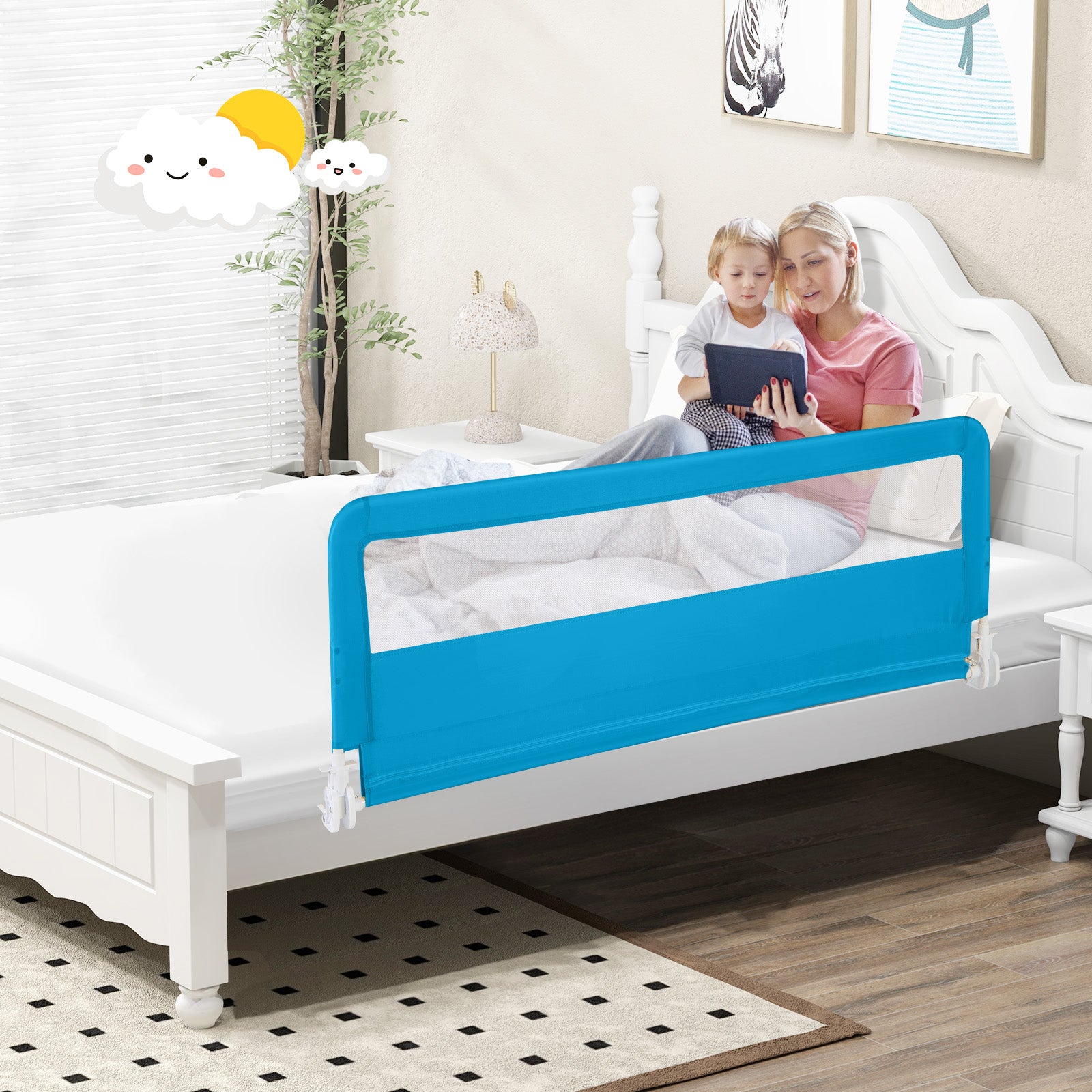 59 Inch Extra Long Folding Breathable Baby Children Toddlers Bed Rail Guard with Safety Strap, Blue Bed Rails at Gallery Canada