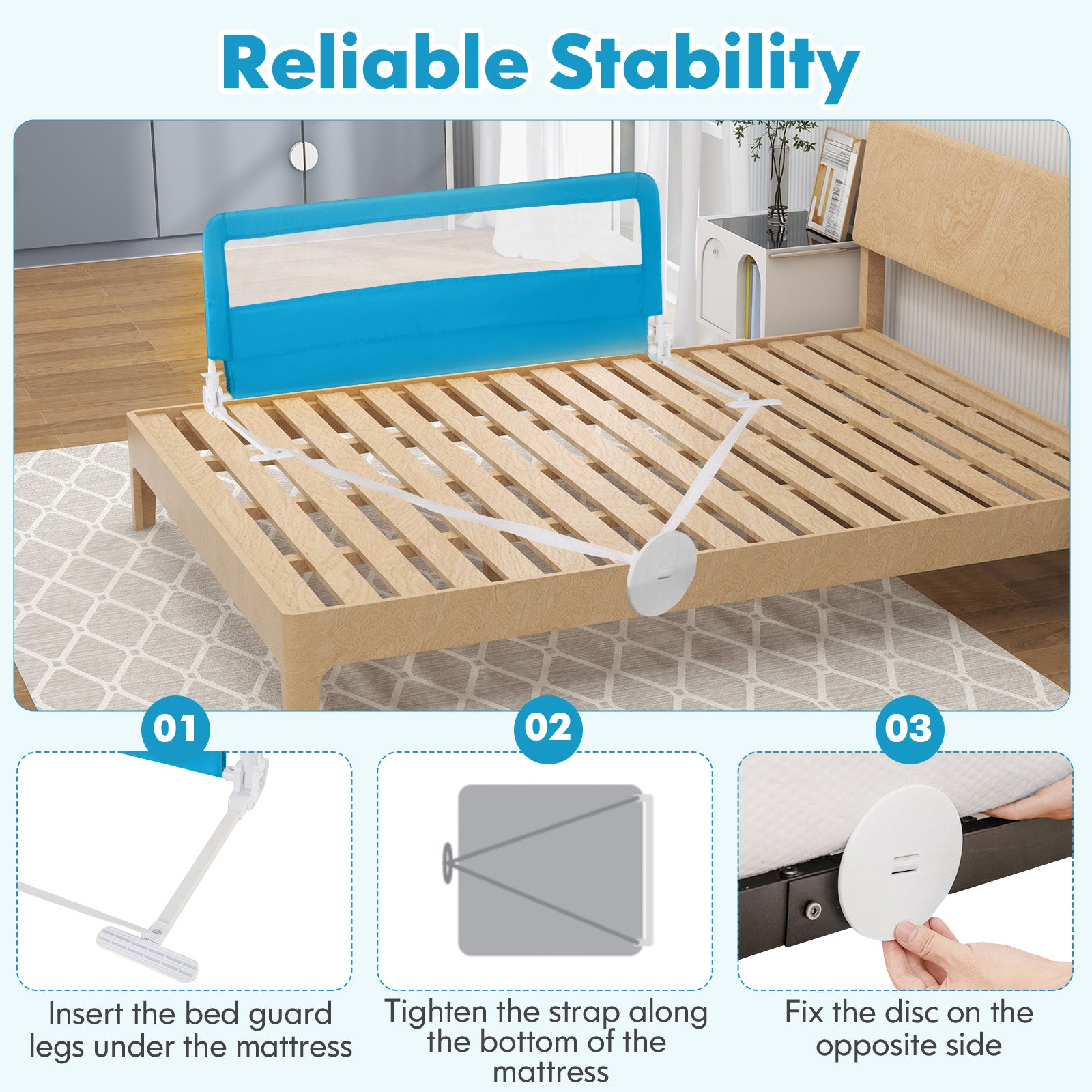 59 Inch Extra Long Folding Breathable Baby Children Toddlers Bed Rail Guard with Safety Strap, Blue Bed Rails at Gallery Canada