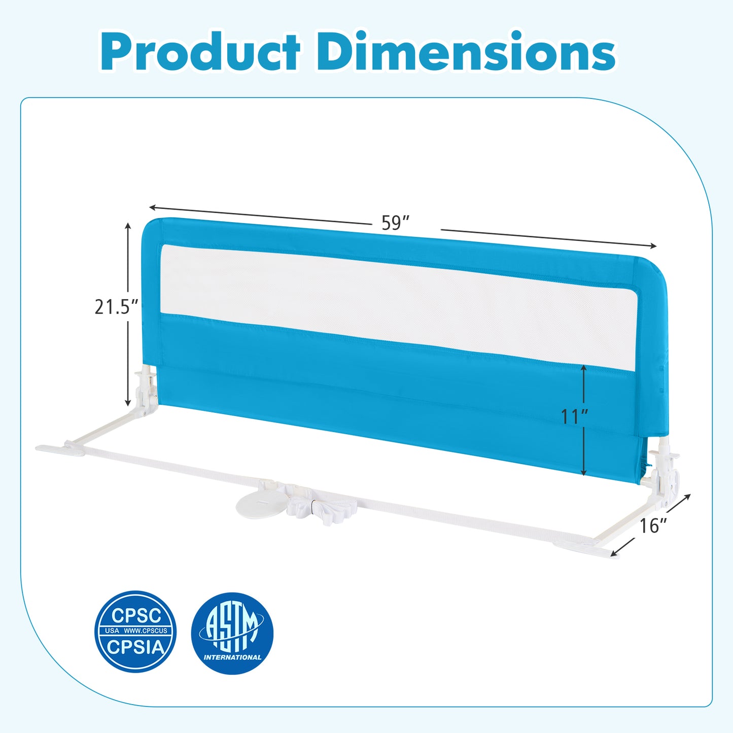 59 Inch Extra Long Folding Breathable Baby Children Toddlers Bed Rail Guard with Safety Strap, Blue Bed Rails at Gallery Canada