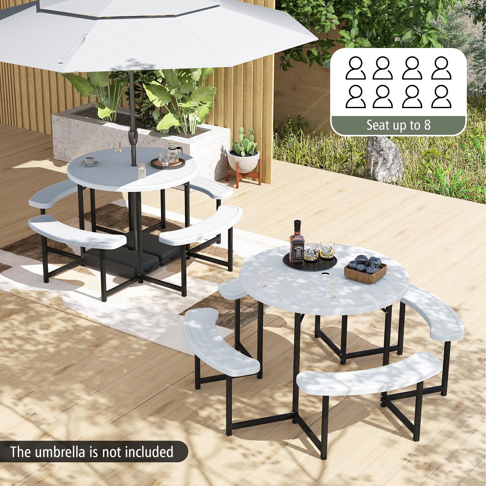 Round Picnic Table Bench Set with 4 Benches and Umbrella Hole for Patio Lawn, White Picnic Tables at Gallery Canada