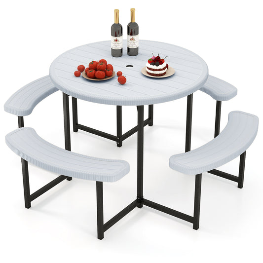 Ensemble de table de pique-nique ronde avec banc et trou pour parapluie, blanc
