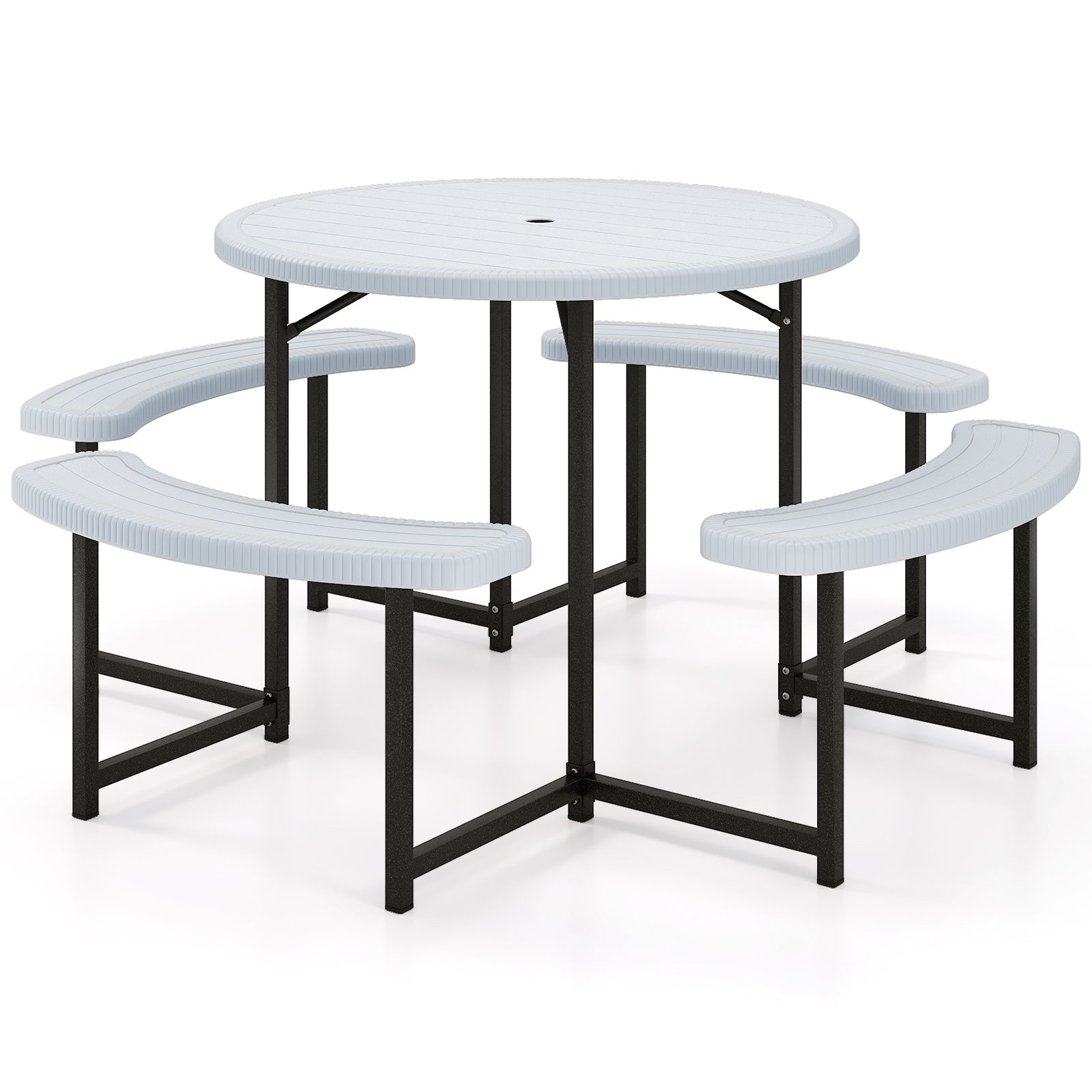 Round Picnic Table Bench Set with 4 Benches and Umbrella Hole for Patio Lawn, White Picnic Tables at Gallery Canada