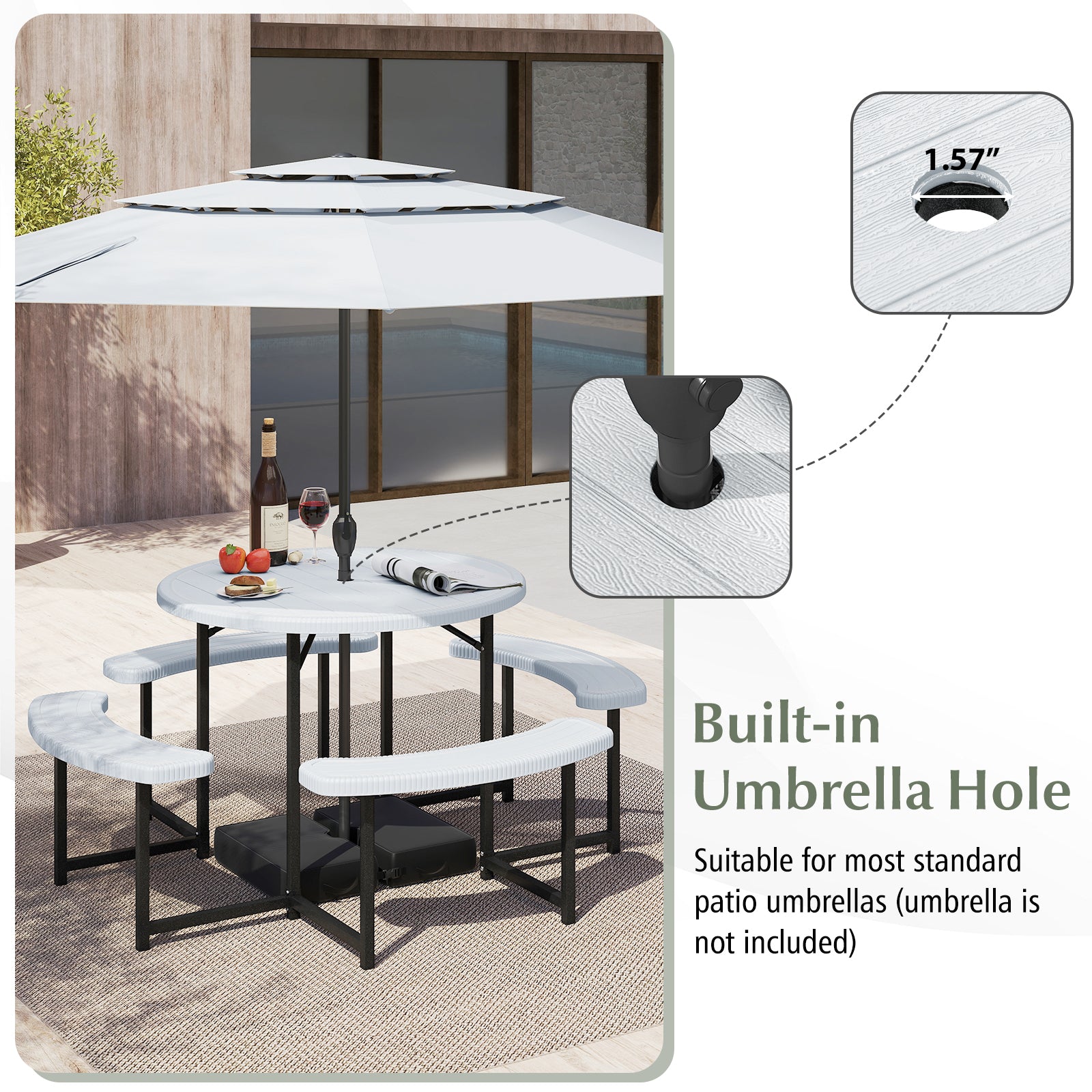 Round Picnic Table Bench Set with 4 Benches and Umbrella Hole for Patio Lawn, White Picnic Tables at Gallery Canada