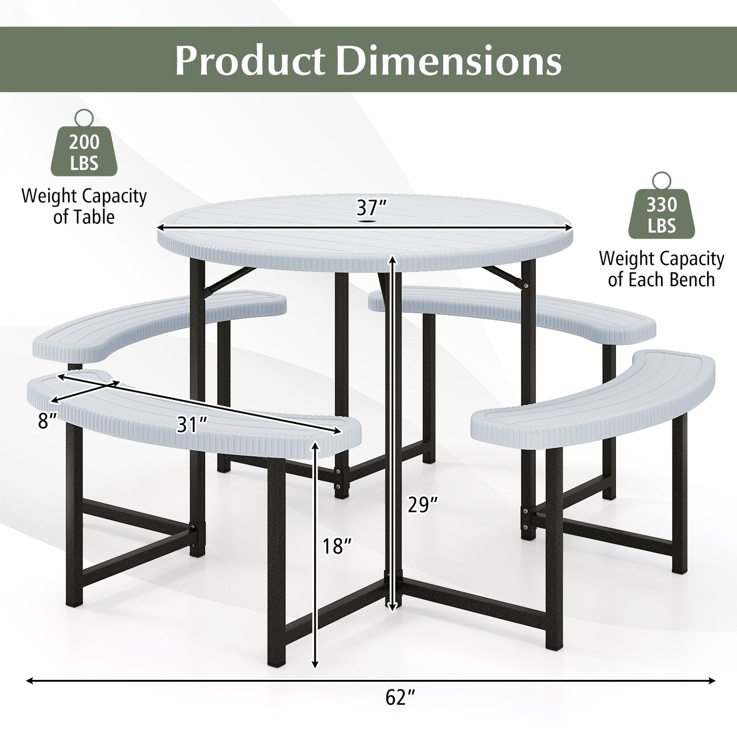 Round Picnic Table Bench Set with 4 Benches and Umbrella Hole for Patio Lawn, White Picnic Tables at Gallery Canada