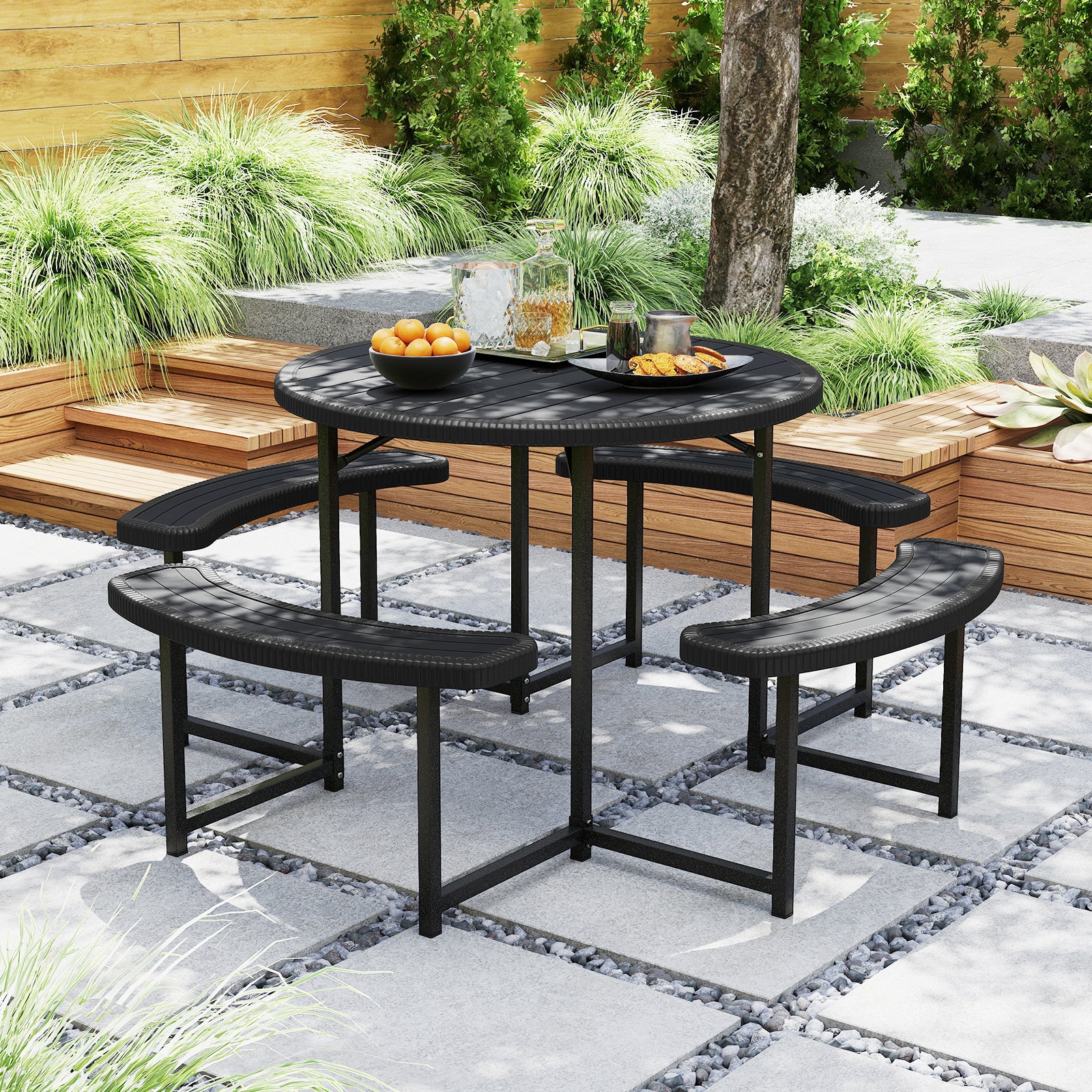 Round Picnic Table Bench Set with 4 Benches and Umbrella Hole for Patio Lawn, Black Picnic Tables at Gallery Canada