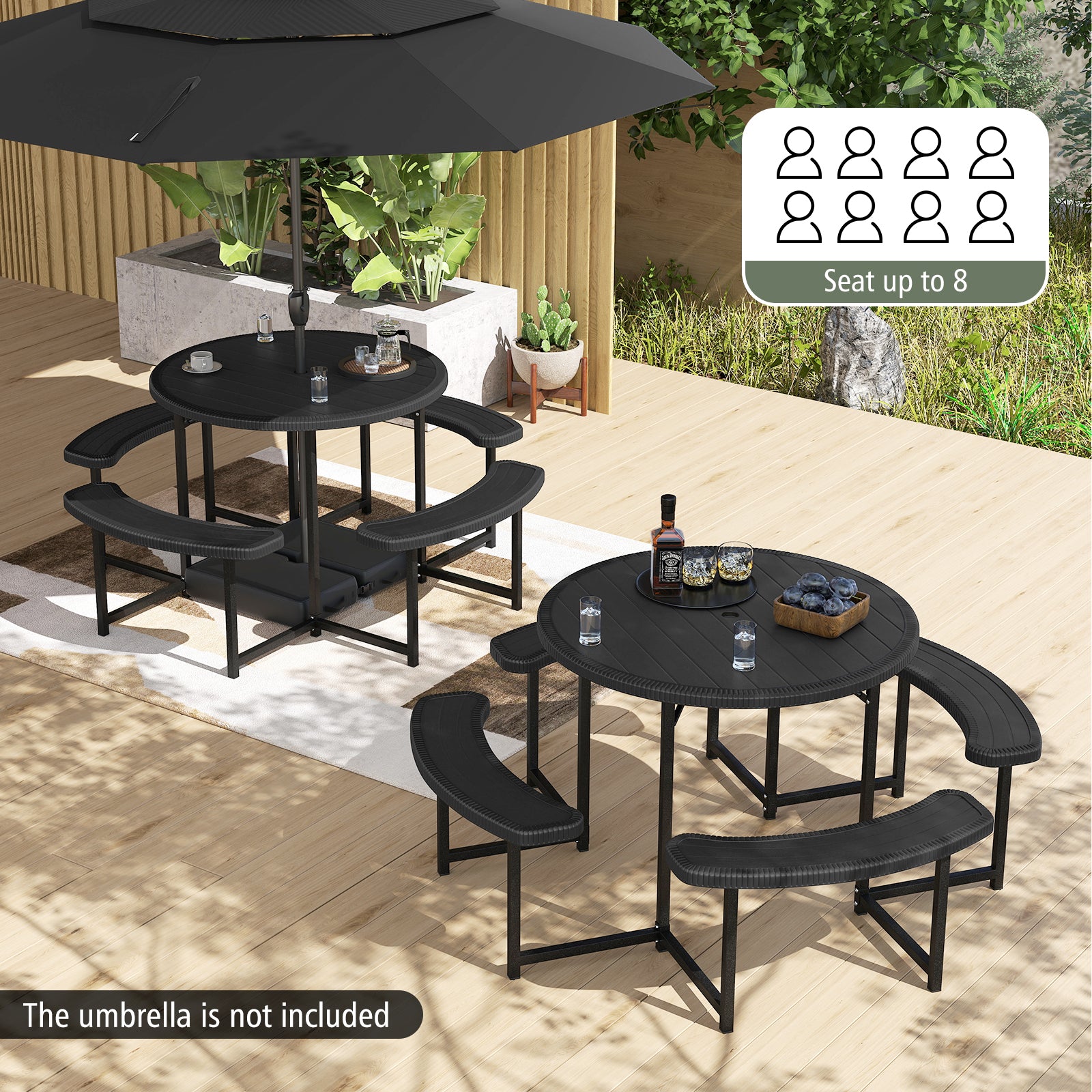 Round Picnic Table Bench Set with 4 Benches and Umbrella Hole for Patio Lawn, Black Picnic Tables at Gallery Canada
