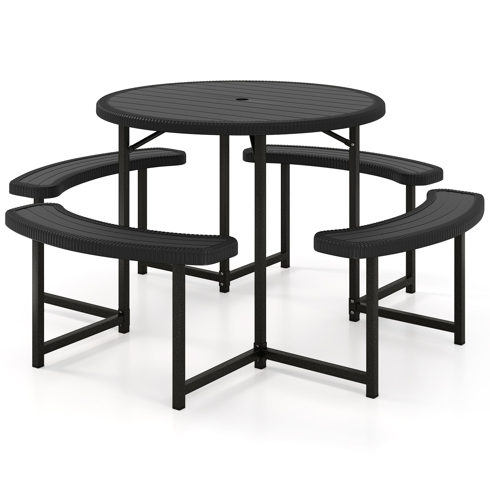 Round Picnic Table Bench Set with 4 Benches and Umbrella Hole for Patio Lawn, Black Picnic Tables at Gallery Canada