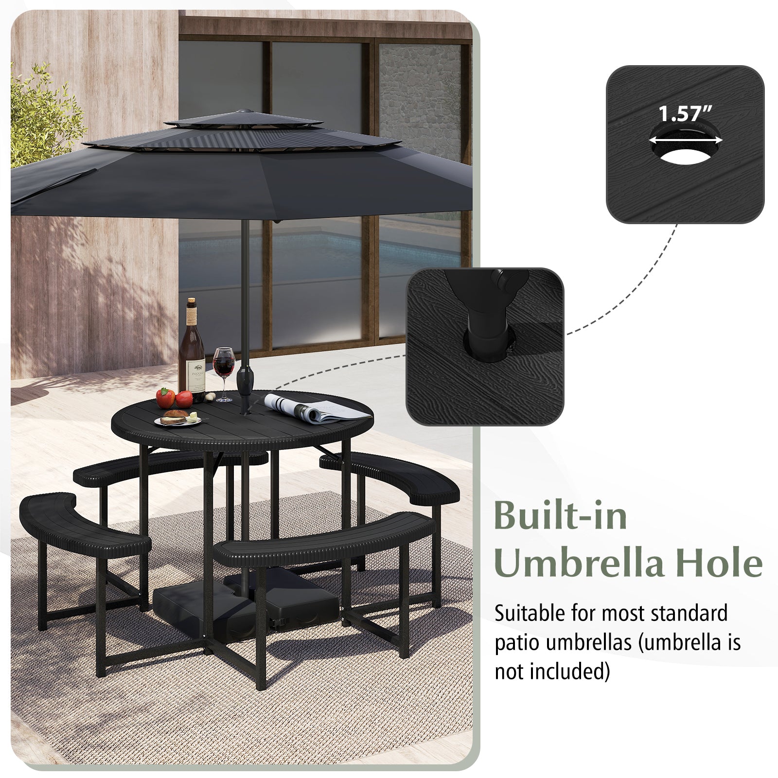 Round Picnic Table Bench Set with 4 Benches and Umbrella Hole for Patio Lawn, Black Picnic Tables at Gallery Canada