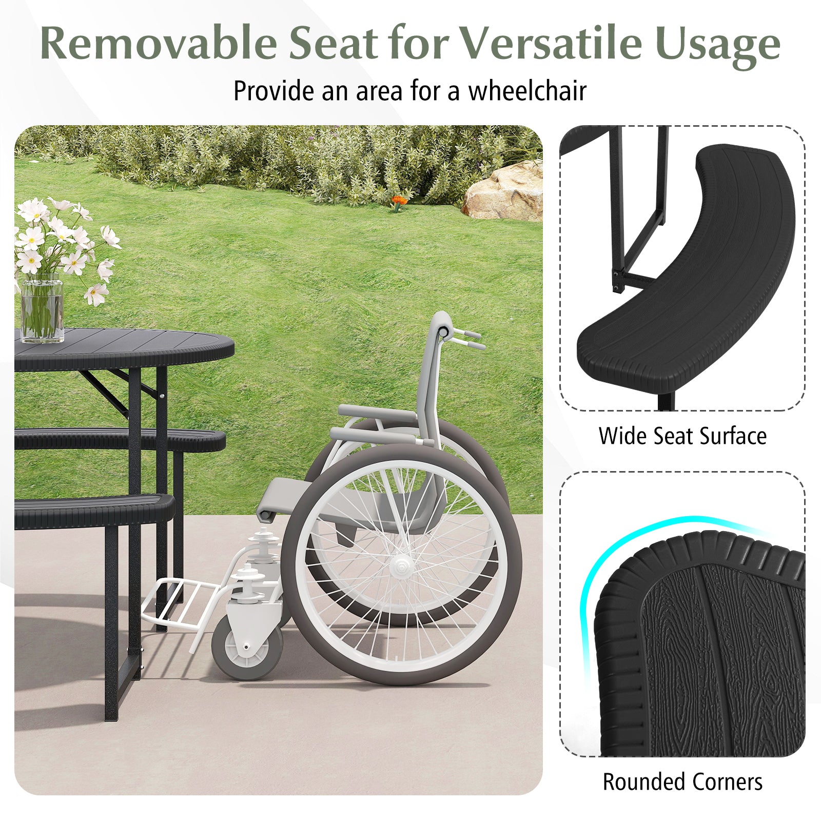 Round Picnic Table Bench Set with 4 Benches and Umbrella Hole for Patio Lawn, Black Picnic Tables at Gallery Canada