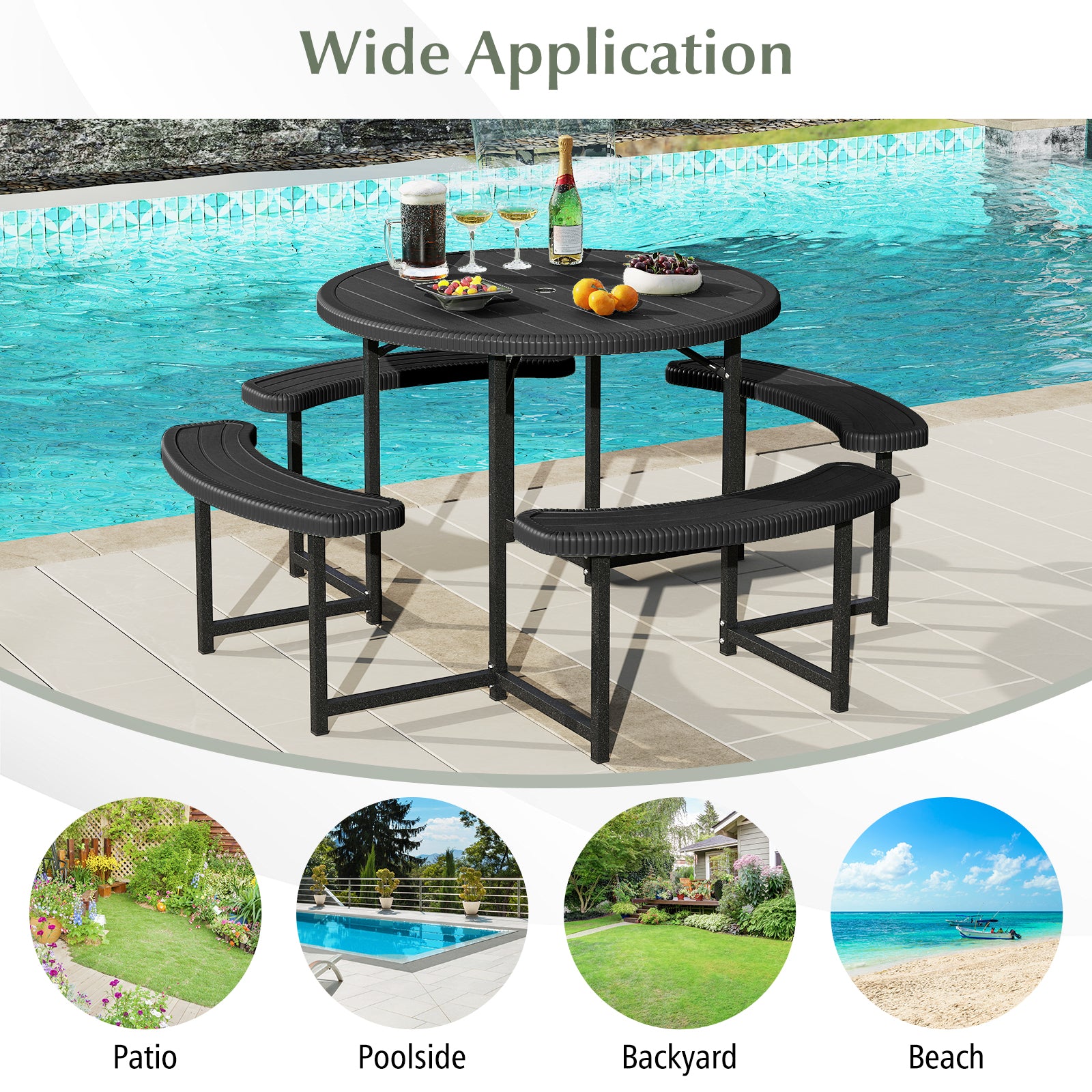 Round Picnic Table Bench Set with 4 Benches and Umbrella Hole for Patio Lawn, Black Picnic Tables at Gallery Canada