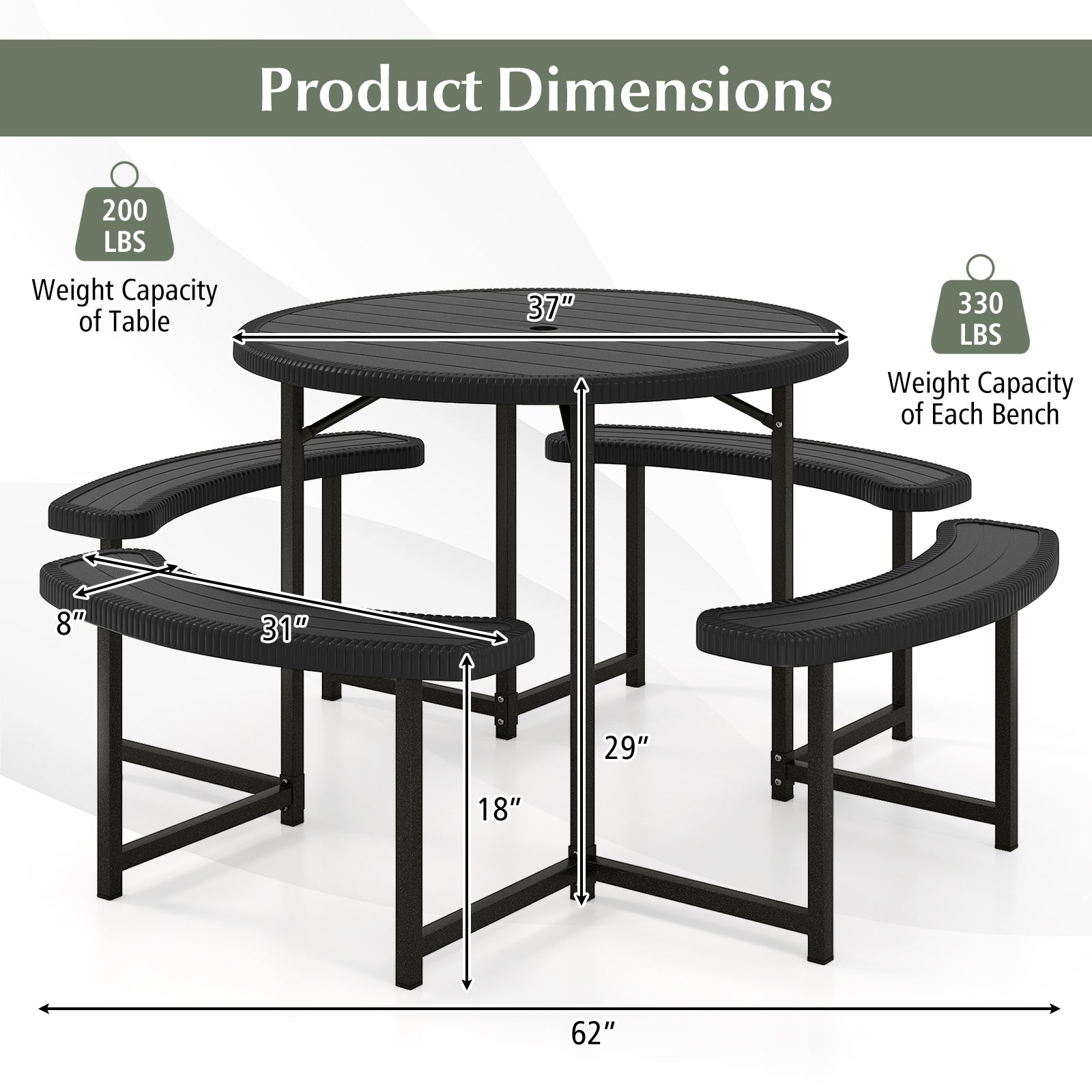 Round Picnic Table Bench Set with 4 Benches and Umbrella Hole for Patio Lawn, Black Picnic Tables at Gallery Canada