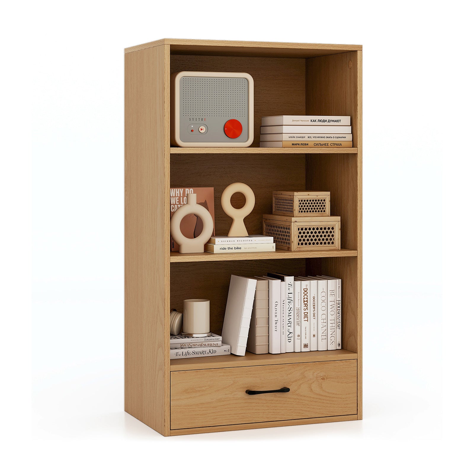 4-Tier Storage Bookcase with Open Shelves Drawer and Anti-toppling Device, Natural Bookcases at Gallery Canada