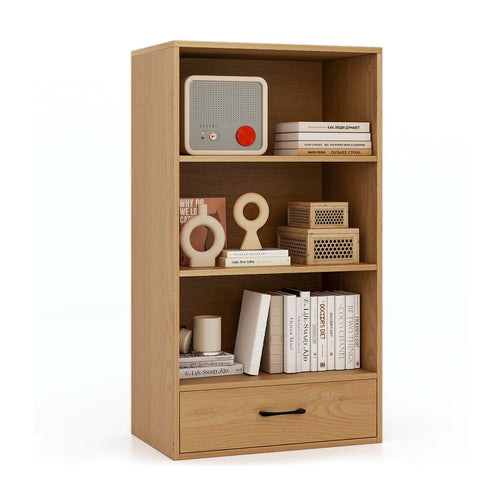 4-Tier Storage Bookcase With Open Shelves, Drawer, Anti-Toppling Device, Natural