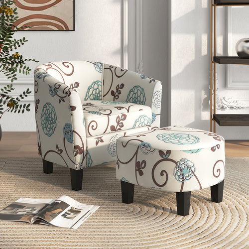 Modern Accent Tub Chair and Ottoman Set with Fabric Upholstered, Beige