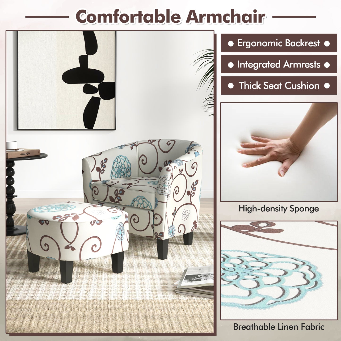 Modern Accent Tub Chair And Ottoman Set, Fabric Upholstered, Beige Accent Chairs at Gallery Canada