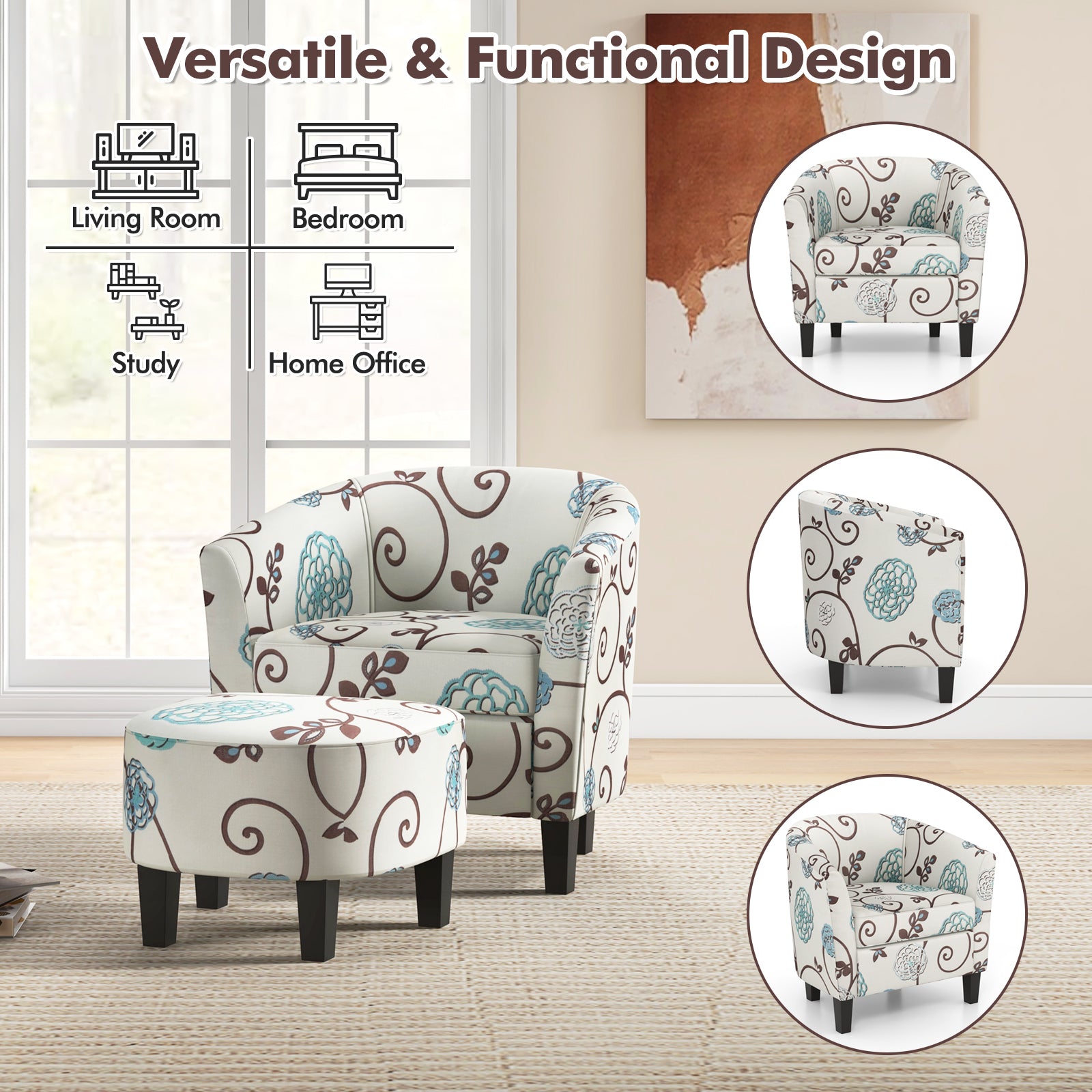 Modern Accent Tub Chair and Ottoman Set with Fabric Upholstered, Beige Accent Chairs at Gallery Canada