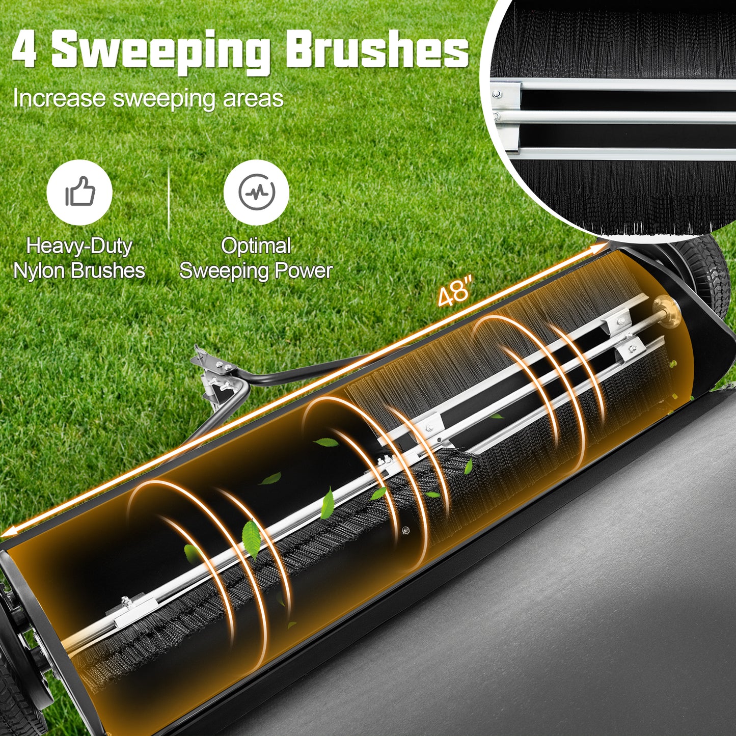 48 Inch Tow-Behind Lawn Sweeper, 26/27 Cu.FT Hopper Bag, Black