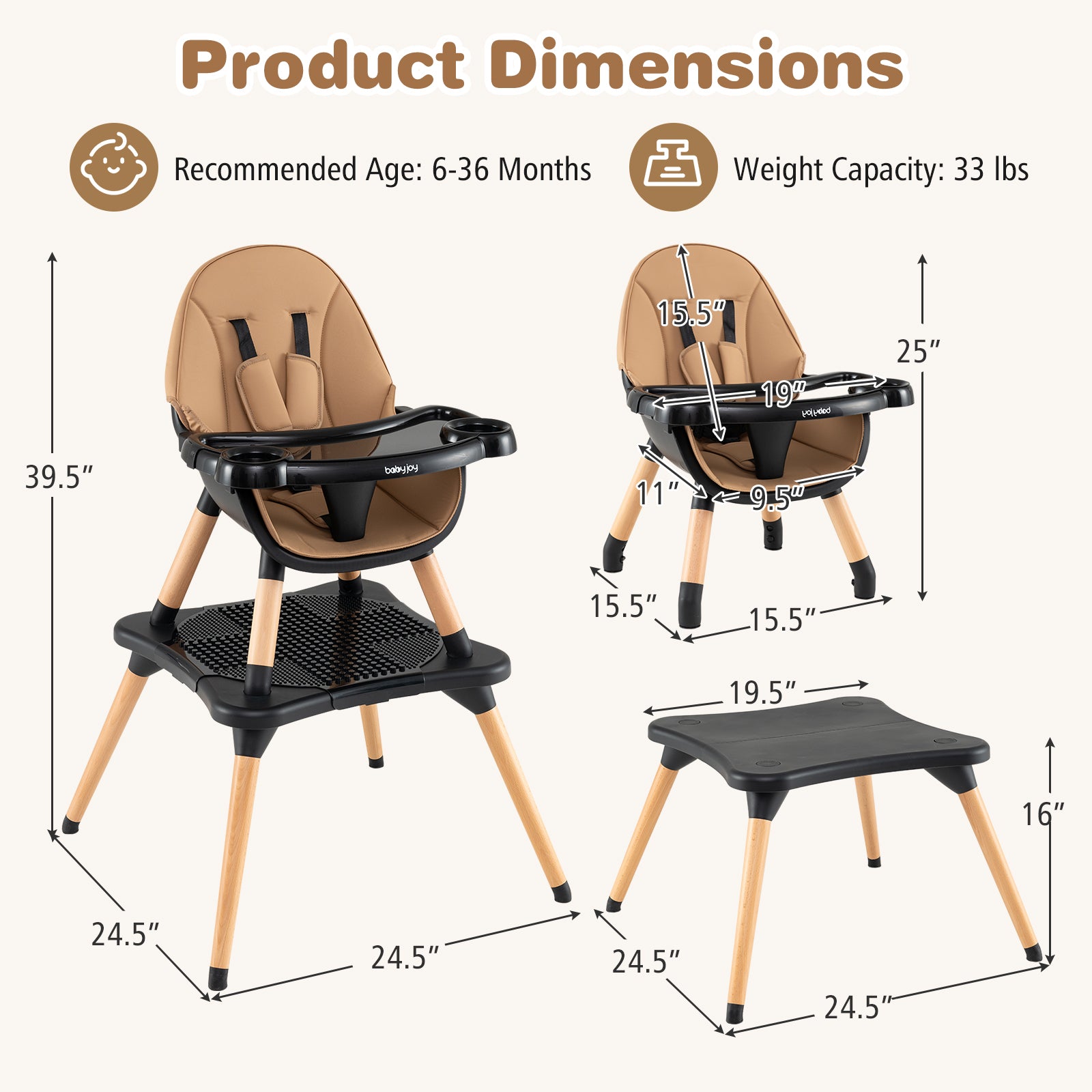5-in-1 Baby Eat and Grow Convertible Wooden High Chair with Detachable Tray, Light Brown High Chairs at Gallery Canada