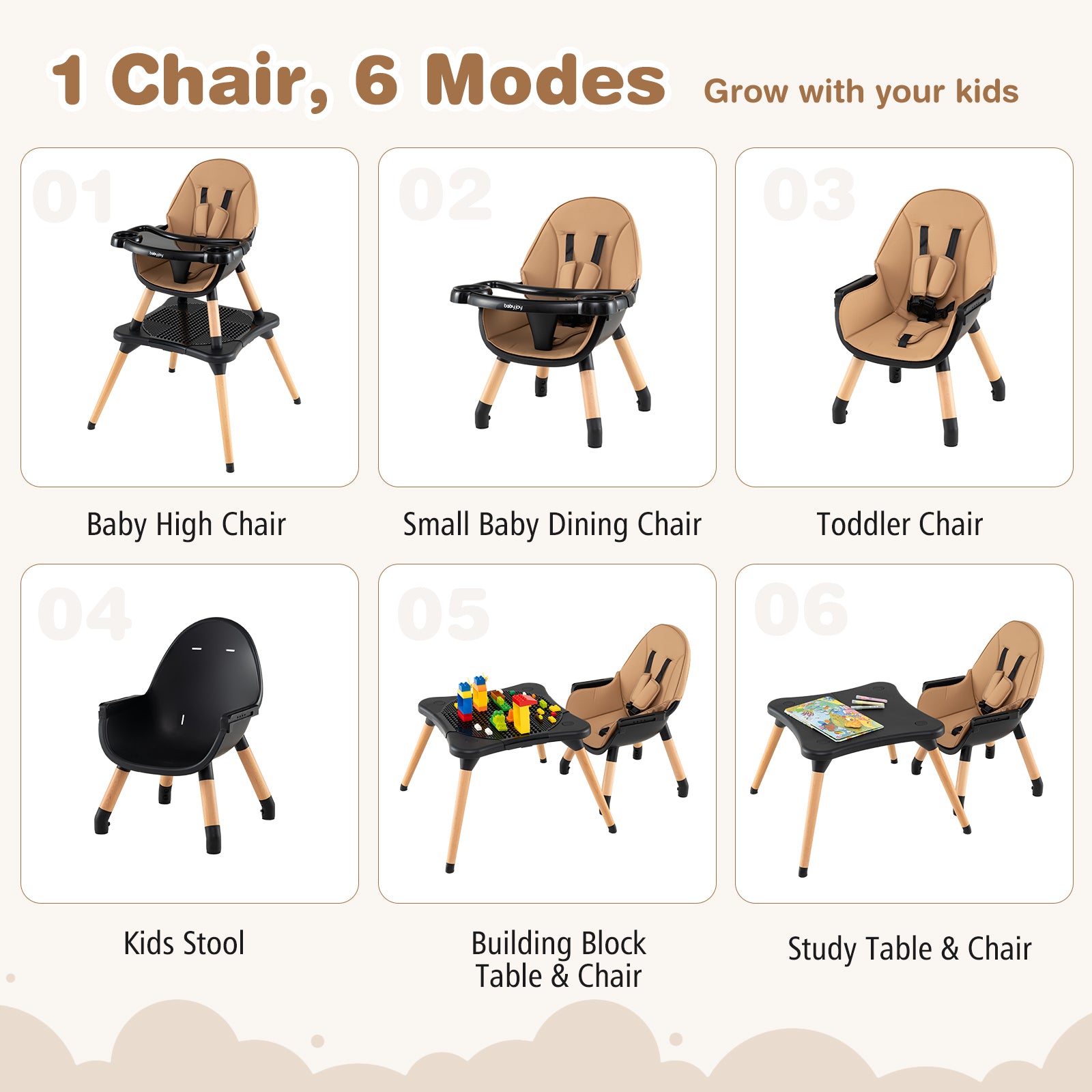 5-in-1 Baby Eat and Grow Convertible Wooden High Chair with Detachable Tray, Light Brown High Chairs at Gallery Canada